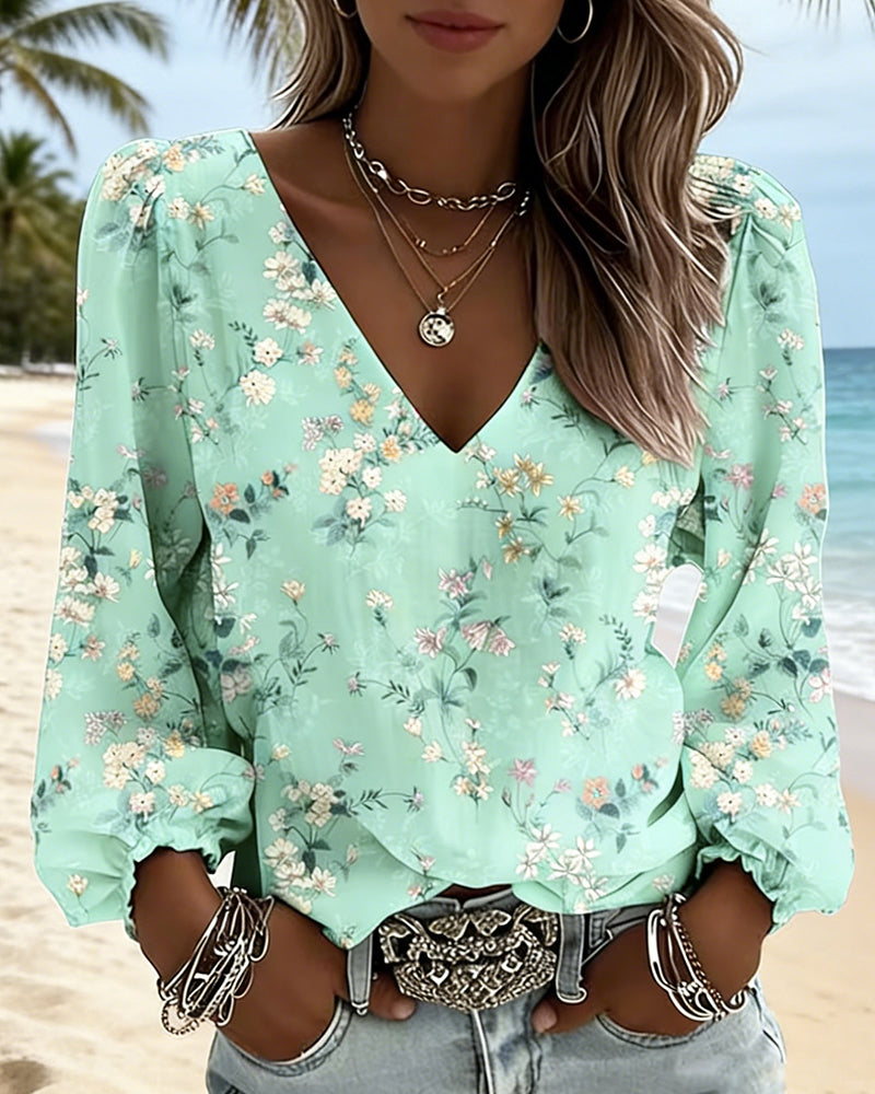 Blouse Bloemen V-Hals Pofmouw
