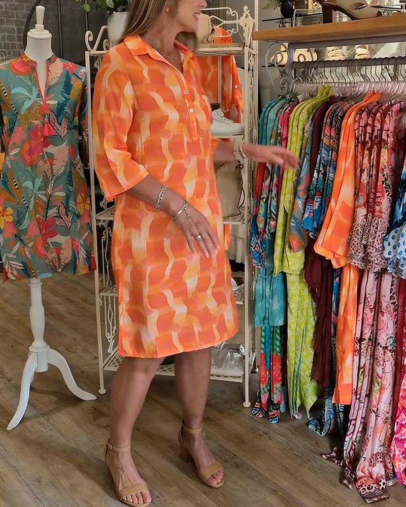 Jurk Driekwart Mouw Met Kraag Geometrische Print