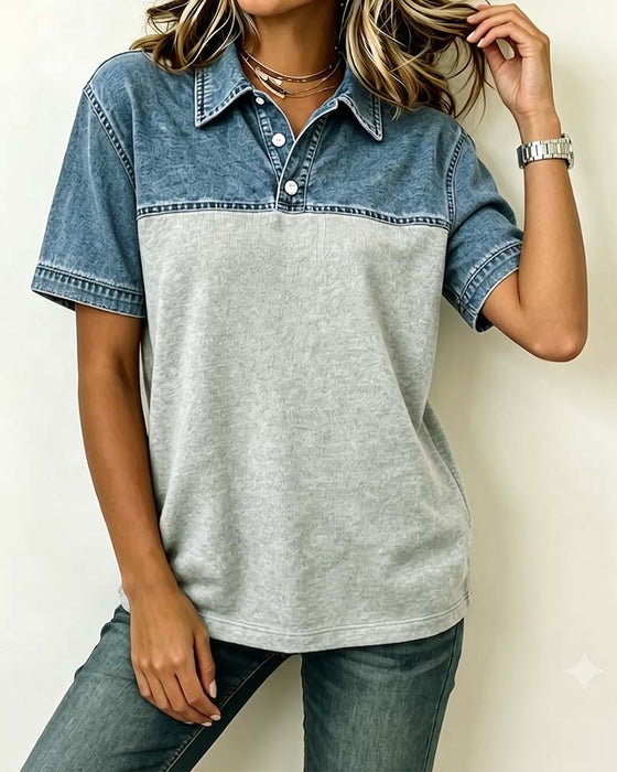 Blouse Korte Mouw Shirt Kraag Denim Patchwork
