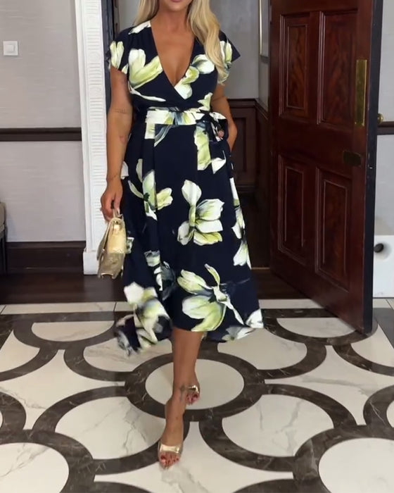 Jurk V-Hals Bloemenprint Taille Kort Mouw