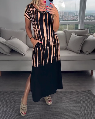 Jurk casual korte mouwen split ronde hals bedrukt