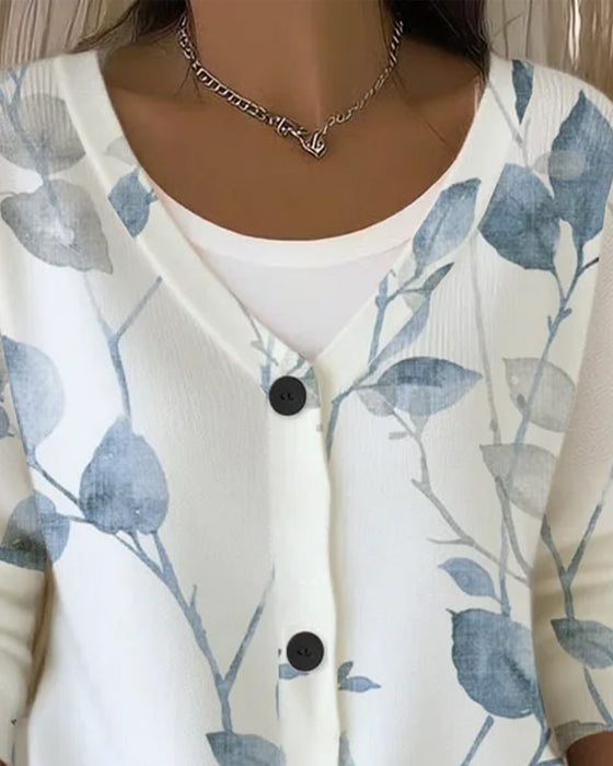 Pullover V-Hals Knoop Blad Print