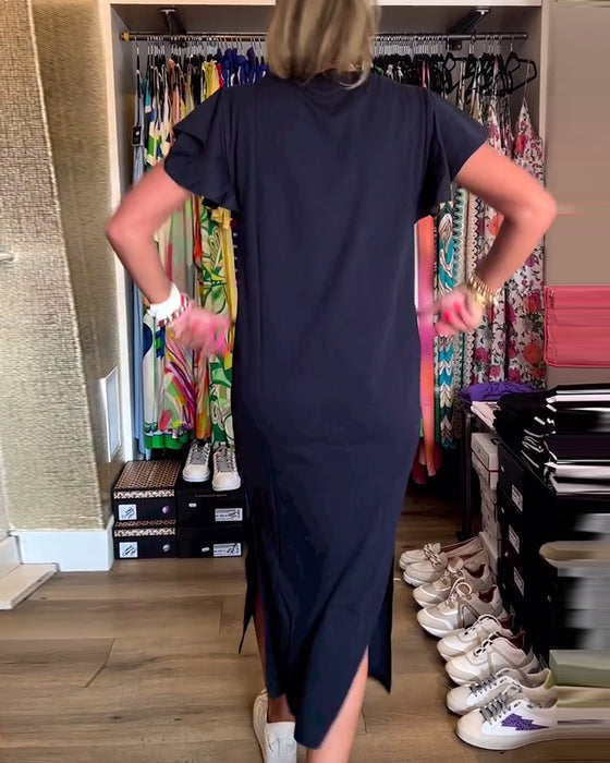 Casual jurk met letterprint en ruches aan de mouwen en split