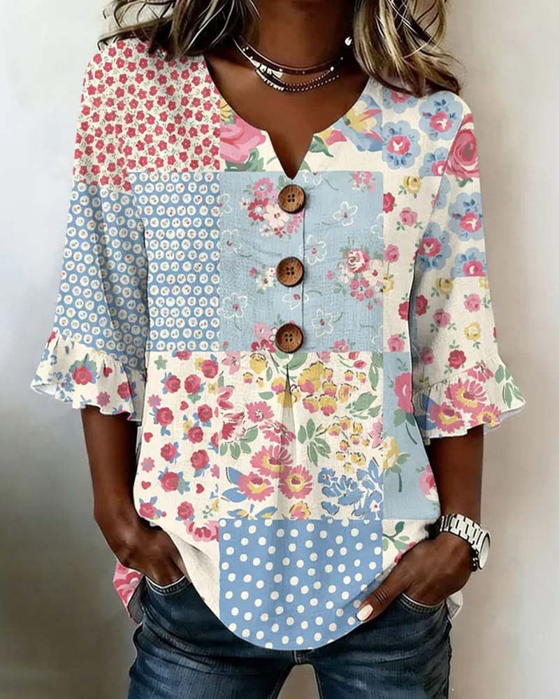Blouse Korte Mouw Bloemenprint Patchwork