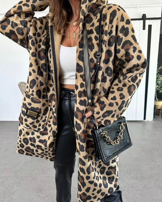 Casual luipaardprint jas met capuchon en zakken