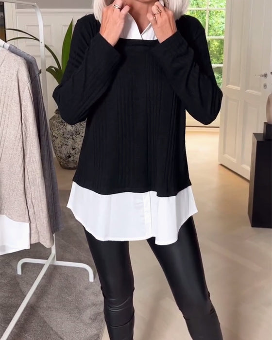 Casual revers nep tweedelige top met patchwork en lange mouw