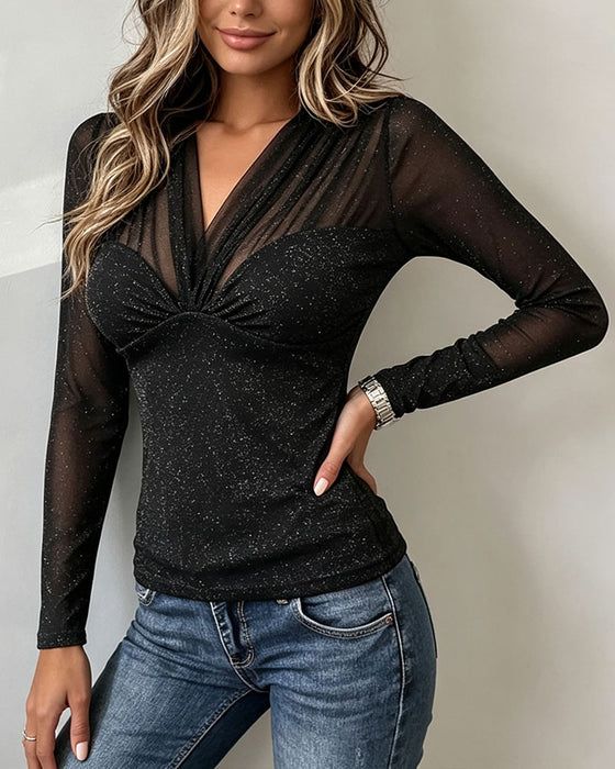 Top Mesh Patchwork V-Hals Twist