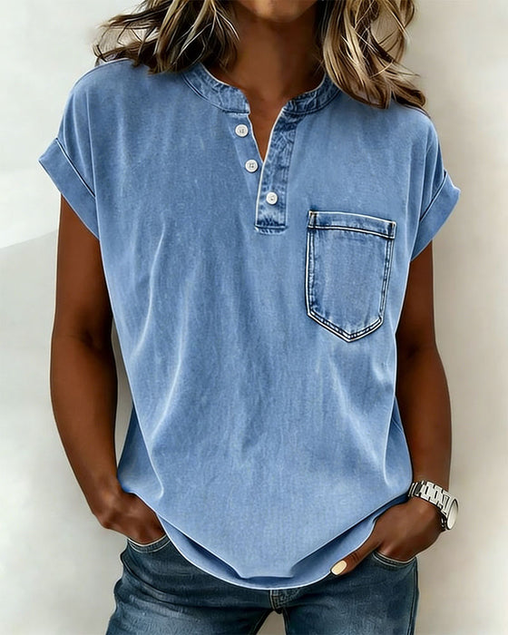 Top Gewassen Denim Henley Korte Mouw