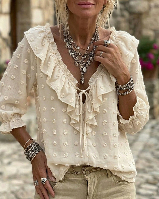 Blouse V-Hals Driedimensionale Bedrukte Pofmouwen
