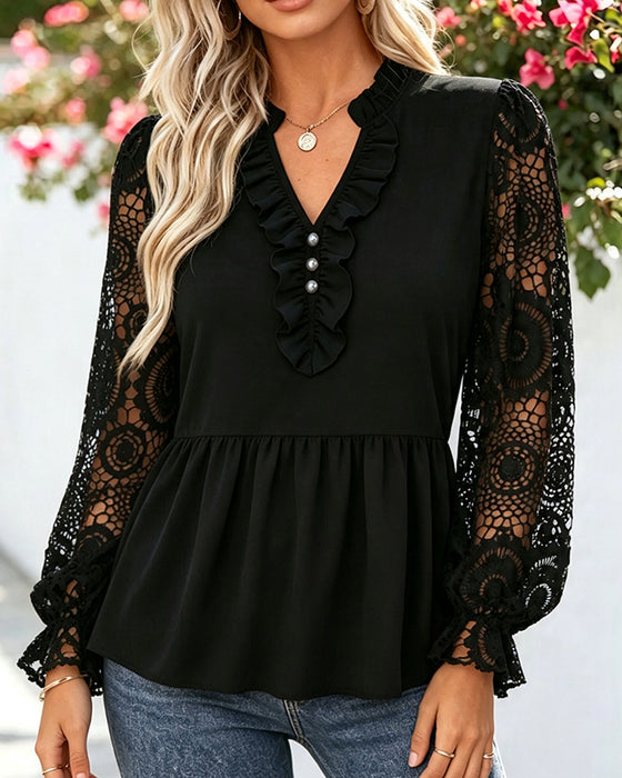 Blouse V Hals Kantrand Kant Patchwork Waaiervormig