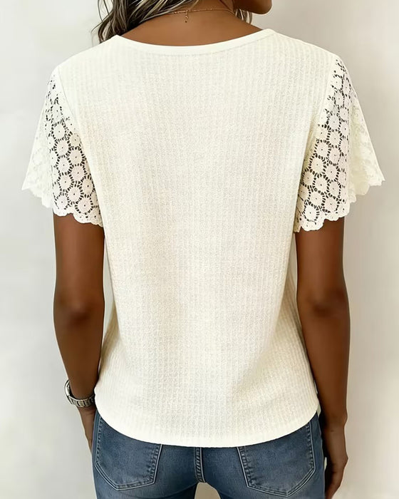 T-Shirt V-Hals Wafel Kant Patchwork Effen