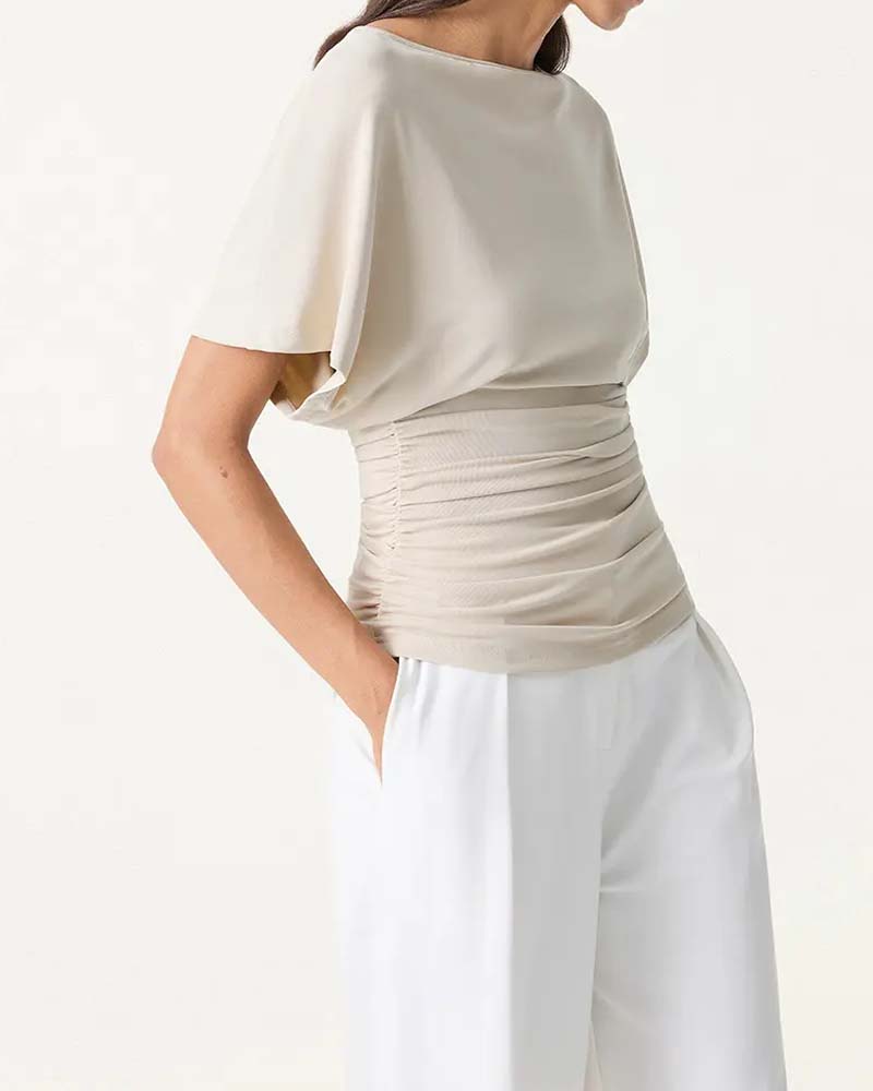 Blouse Casual Effen Geplooid Korte Mouw