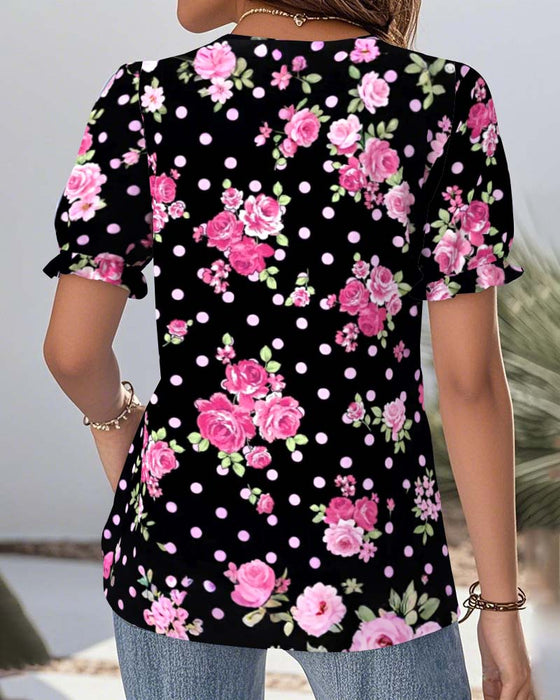 Blouse V-Hals Kant Lantaarnmouwen Bedrukt