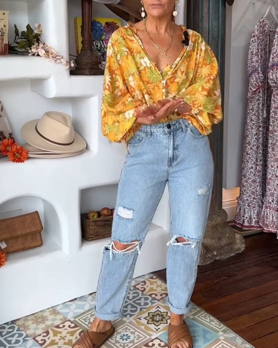 Blouse met bloemenprint en V-hals