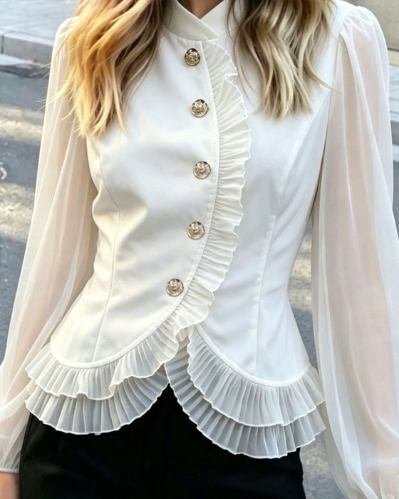 Blouse Mini Mandarin Kraag Sheer Ruffle