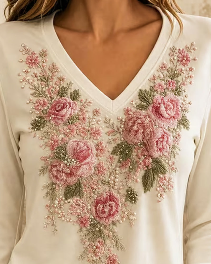 T-Shirt Lange Mouw V-Hals Bloemen