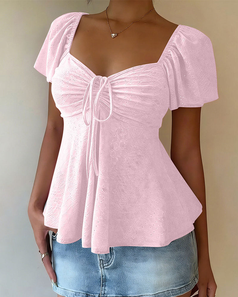 Blouse Doorgebroken Trekkoord Korte Mouw Effen