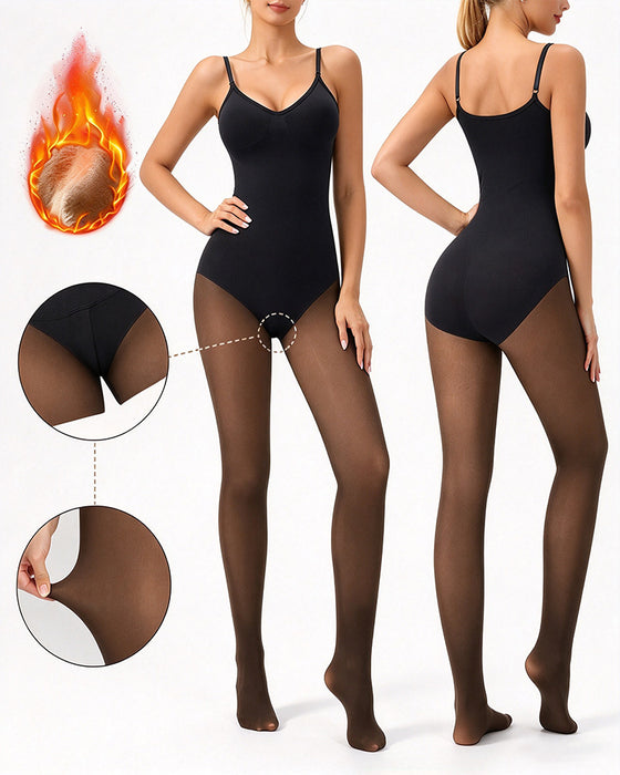 Transparant Paneel Met Fleecegevoerde Panty Stay-Warm Buikcontrole Sheer-Effect Panty Bodysuit Zwart Basic
