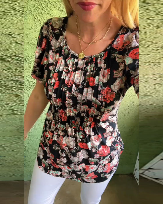 Blouse Ronde hals Poefmouw Geplooid Bloemenprint