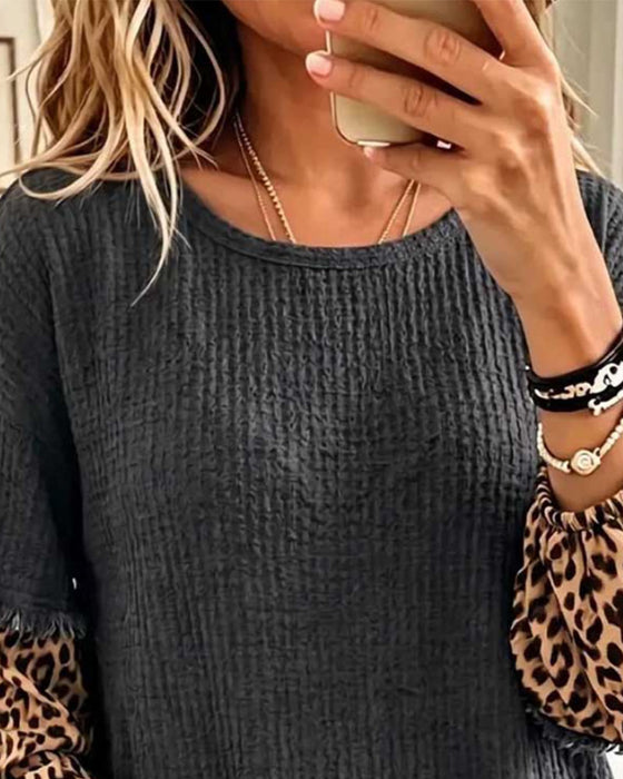 Top Ronde Hals Luipaardprint Patchwork Franjes