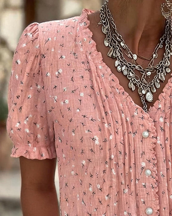 Blouse Poefmouw Bloemenprint Korte-Mouw