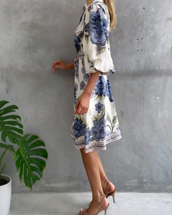 Jurk Frans Lantaarn Mouw Reverskraag Bedrukt