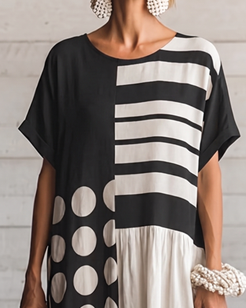 Jurk Ronde Hals Korte Mouw Stipje Patchwork