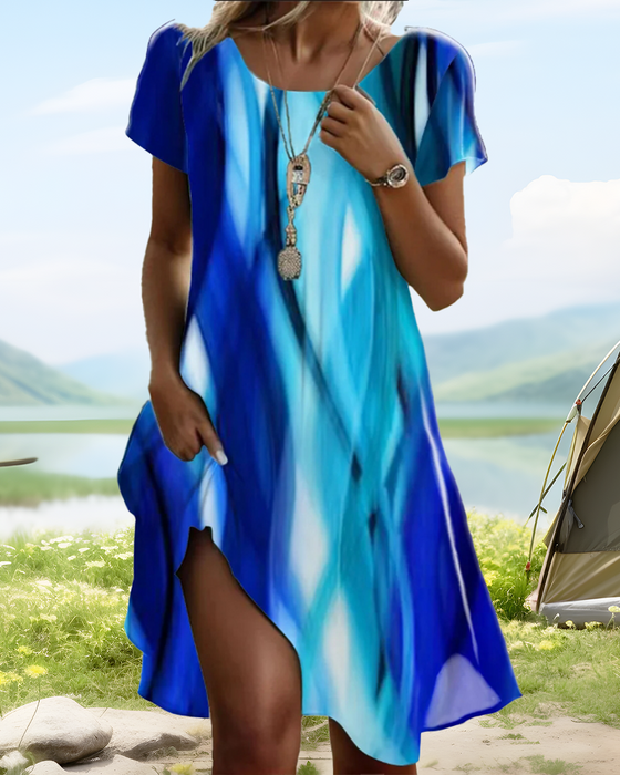 Jurk Puffmouwen Tie-Dye Ronde Hals