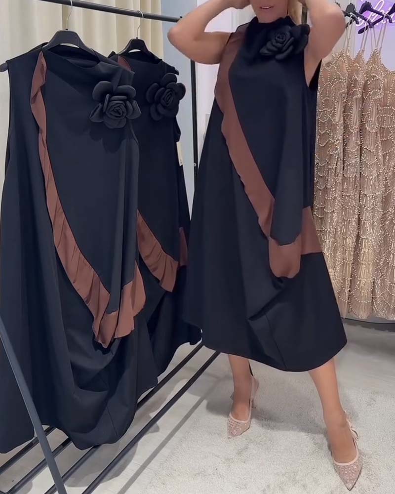 Jurk 3D Bloemblad Volant Kleurcontrast Mouwloos