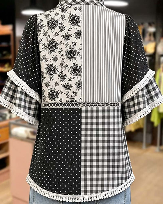 Blouse Mandarin Kraag Polka Dot Ruit