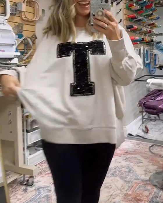 Sweatshirt T-Design Pailletten Geborduurd Ronde Hals