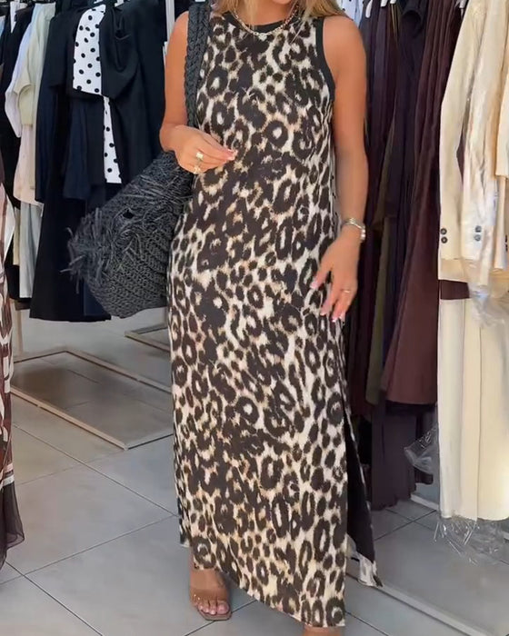 Jurk Rondhals Luipaardprint Mouwloos Maxi