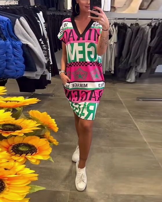 Jurk Bedrukt V-Hals Korte Mouwen