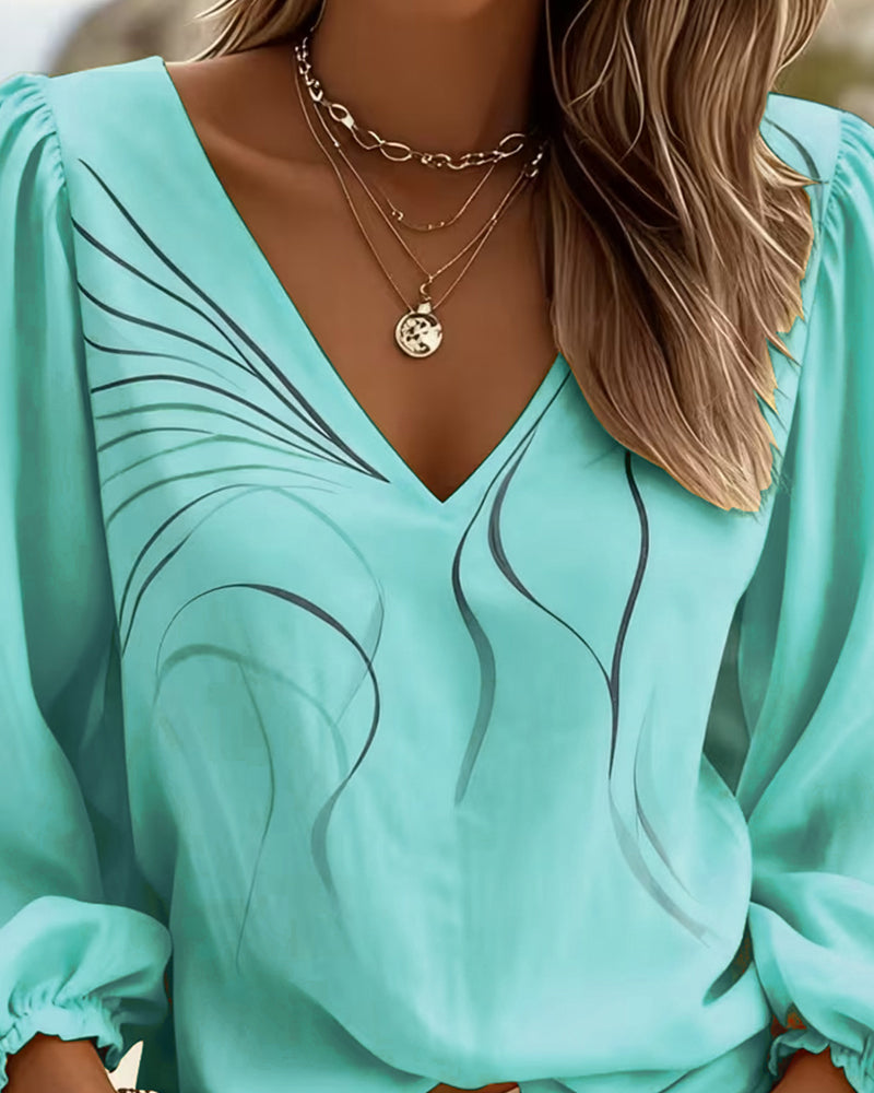 Blouse V-hals Lijn Gedrukt Poofmouw
