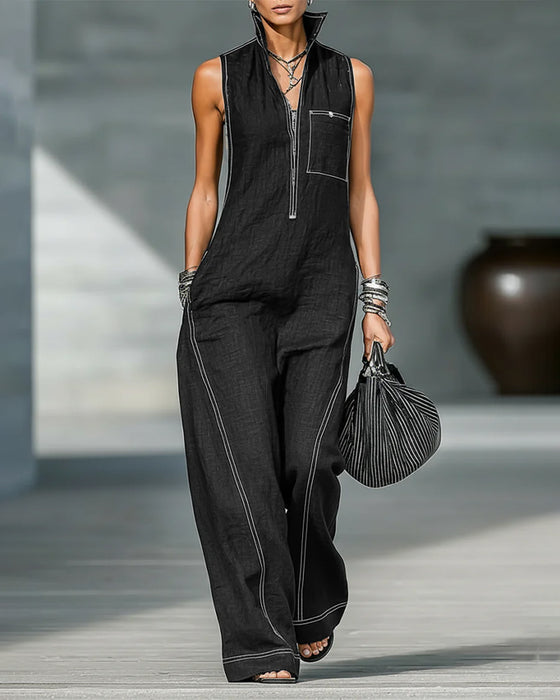 Jumpsuits Mandarin Kraag Mouwloos Zwart En Wit Breed Been