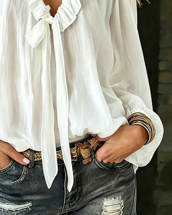 Blouse Ruffle Kraag Strik Lange Mouw
