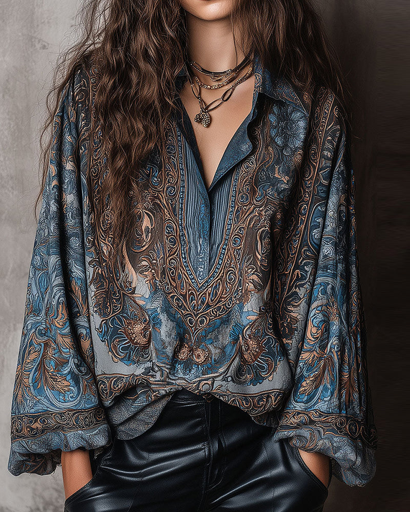 Blouse Retro Print V-hals Revers Verfijnd