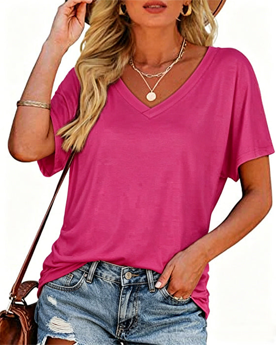 T-Shirt Geplisseerd Effen V-Hals