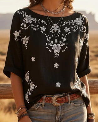 Blouse Ronde Hals Drop Schouder Los Bloemig