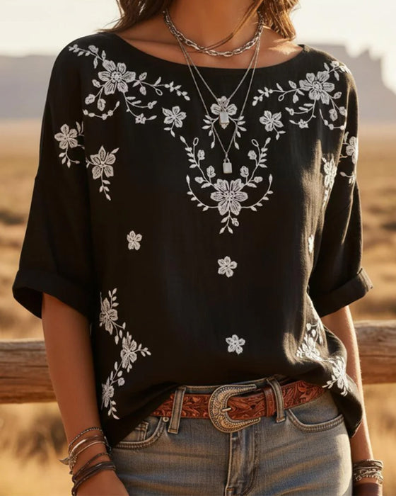 Blouse Ronde Hals Drop Schouder Los Bloemig