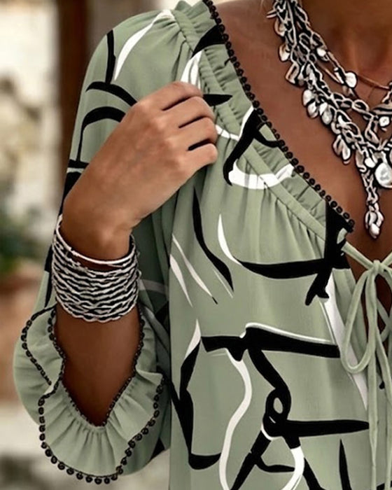 Blouse Abstracte Print V-Hals Vetersluiting