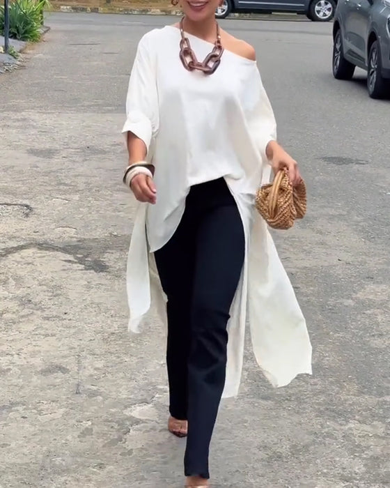 Blouse Asymmetrische Hals Onregelmatig Split Ellebooglange Mouw