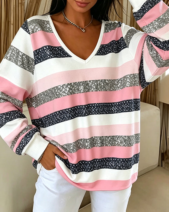 Sweatshirt V-Hals Kleurblok Streep Casual