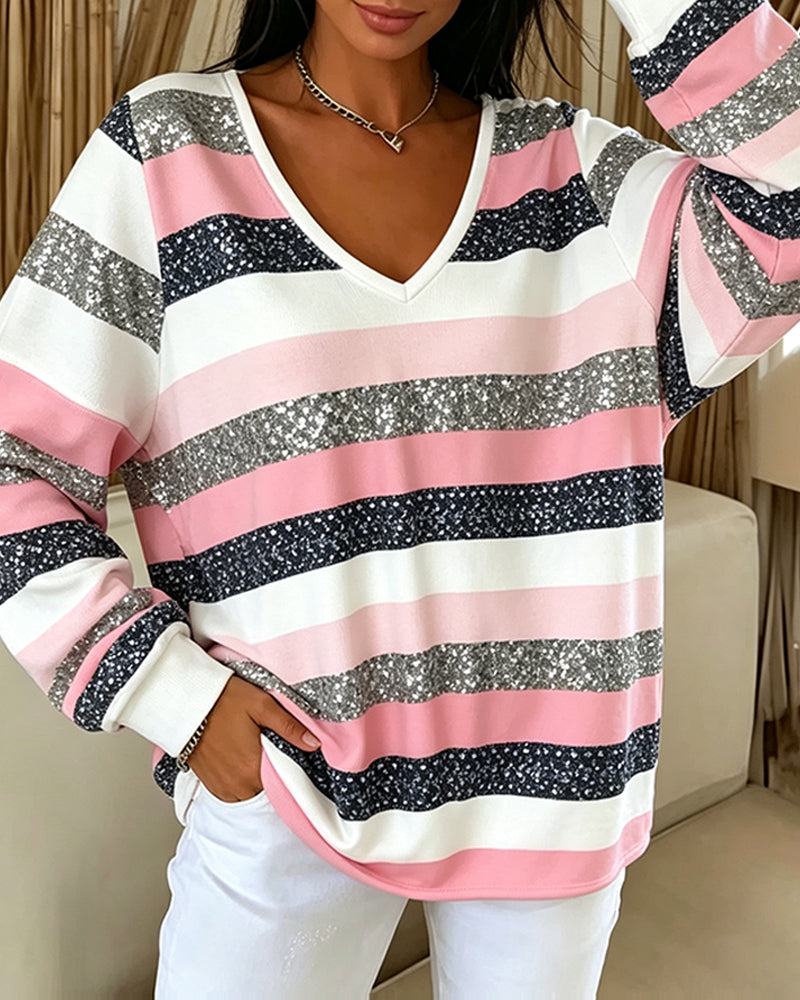 Sweatshirt V-Hals Kleurblok Streep Casual