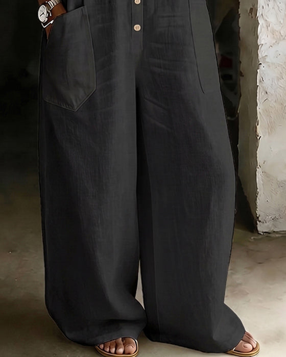 Jumpsuit 100% Katoen Omslagkraag Casual Wijd Pijp