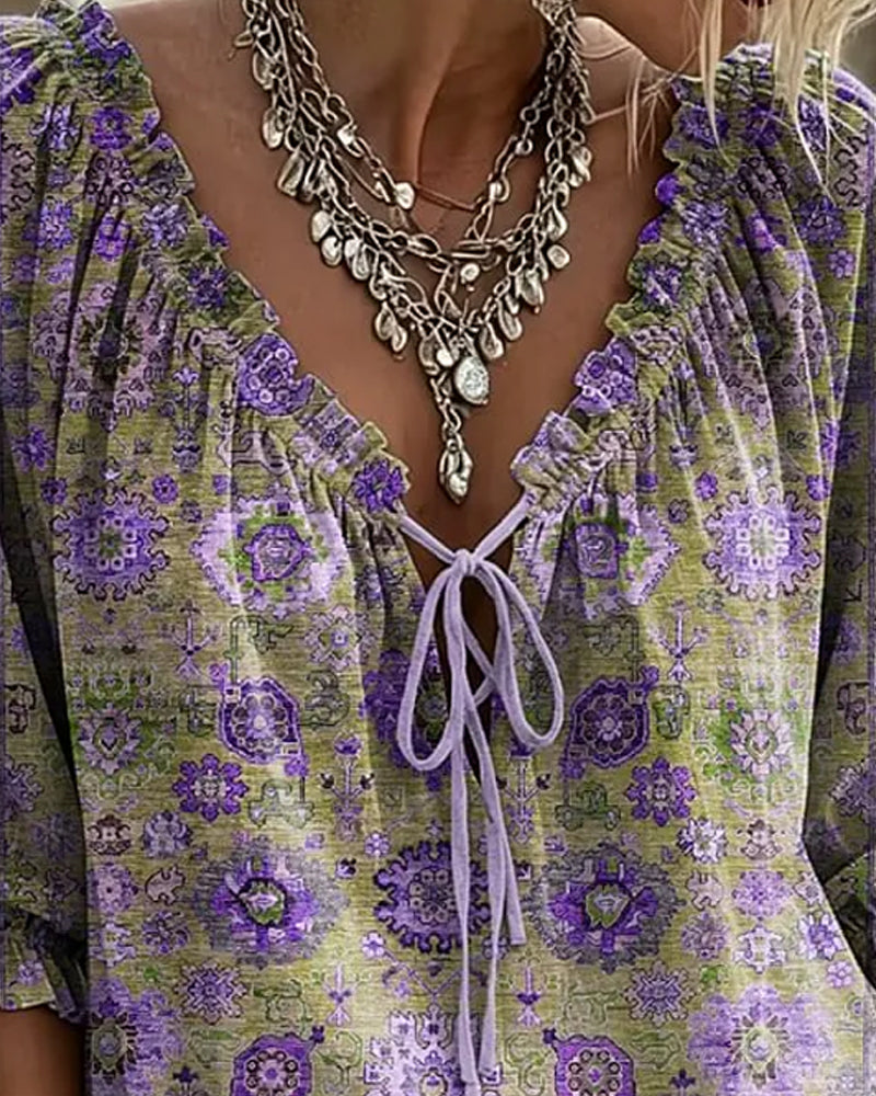 Blouse V-Hals Strik Vintage Print
