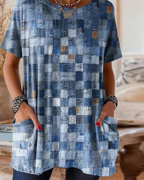 T-Shirt Gekleurd Ruit Print Korte Mouw