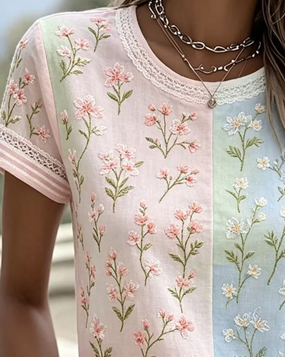 Blouse Kant Patchwork Contrast Bloemen