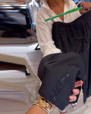 Casual effen kleur broek met trekkoord en pailletten patchwork