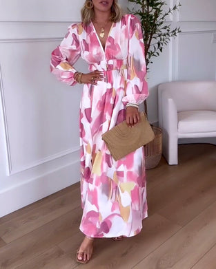 Elegante maxi-jurk met lange mouwen en v-hals